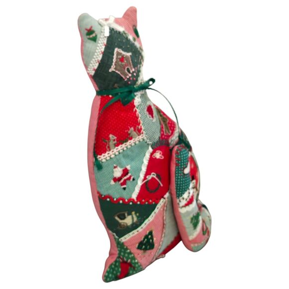 Handmade Vintage Christmas Cat Detailed Embroidered Patchwork Quilt Soft Pillow - Picture 3 of 16